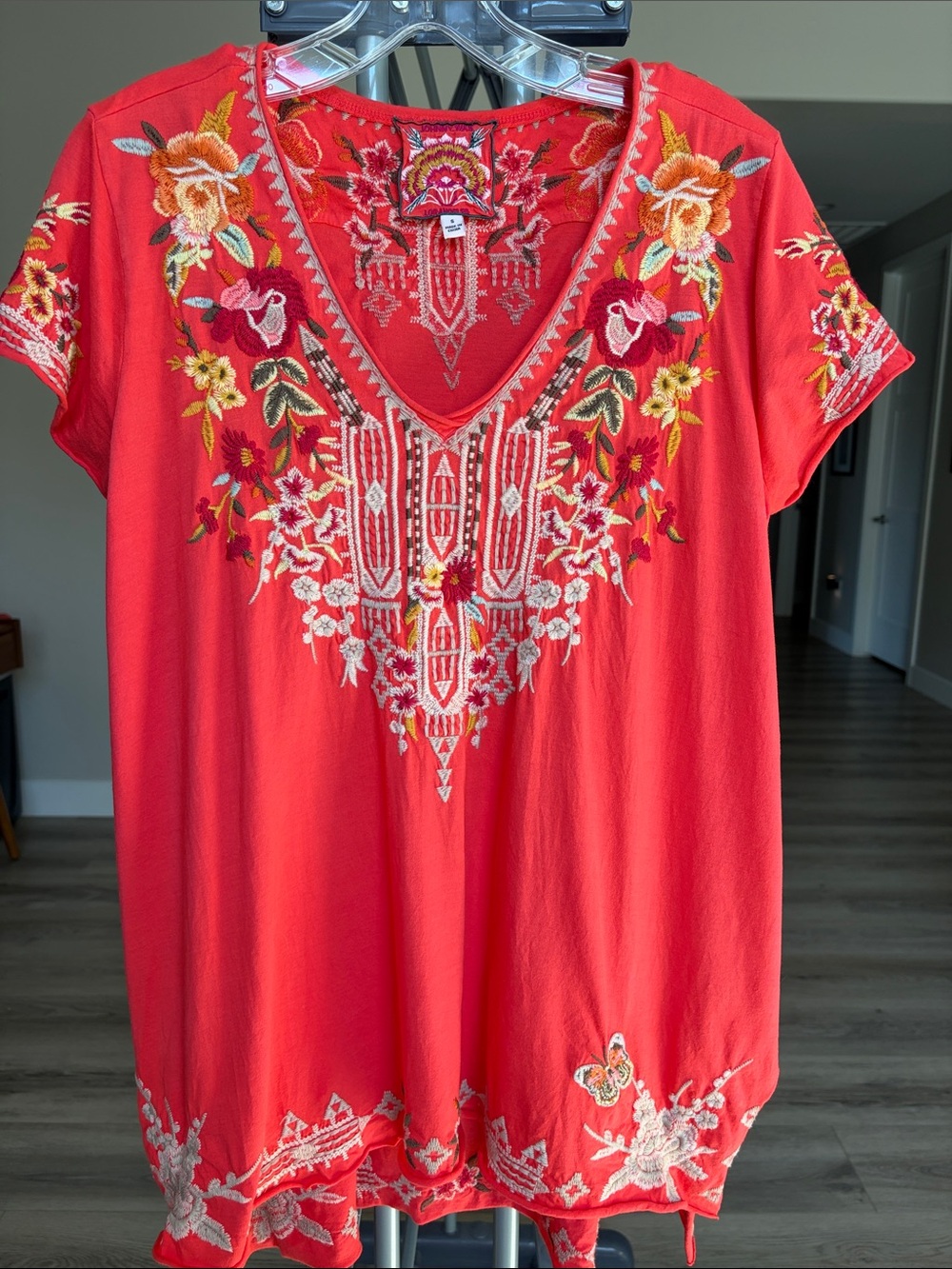 Johnny Was Coral-Red Embroidered V-Neck Tunic (SM)